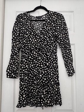 Miss Selfridge Black and White Polka Dot Wrap-Style Long Sleeve Dress